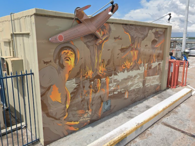 Art depiction of bombing of Darwin on Stokes Hill Wharf